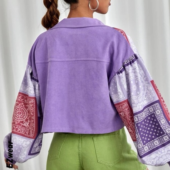 🆕 SHEIN Purple Bandana Print Cropped Jacket - Picture 1 of 6